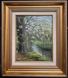 Beach Trees in Holzland Neben Tranquil Stream Signiertes englisches Ölgemälde