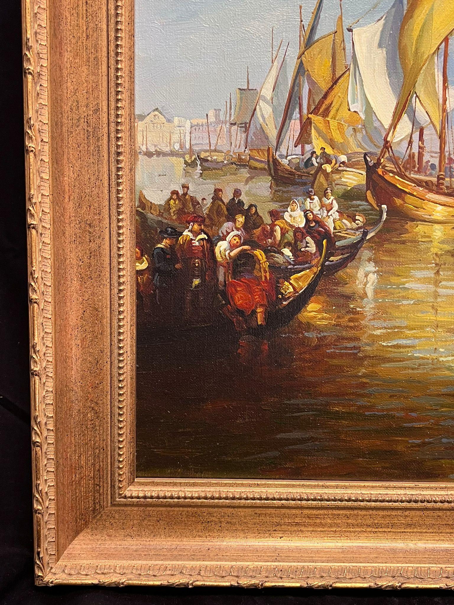 Bustling Sunlit Venice with Gondolas and Sailboats Scenic Classical Oil Painting For Sale 6