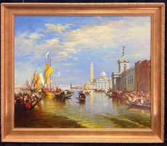 Bustling Sunlit Venice with Gondolas and Sailboats Scenic Classical Oil Painting