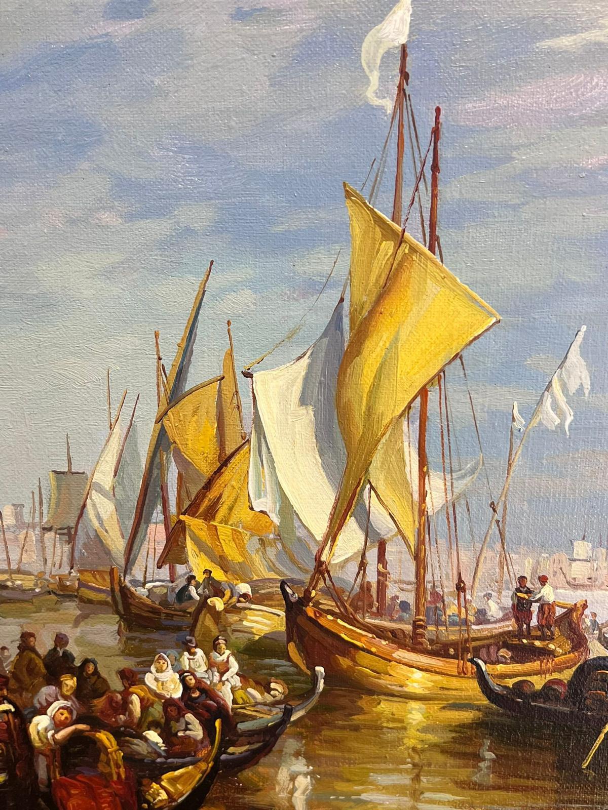 Bustling Sunlit Venice with Gondolas and Sailboats Scenic Classical Oil Painting For Sale 1