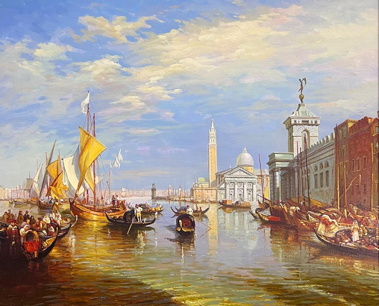 English artist Figurative Painting - Bustling Sunlit Venice with Gondolas and Sailboats Scenic Classical Oil Painting