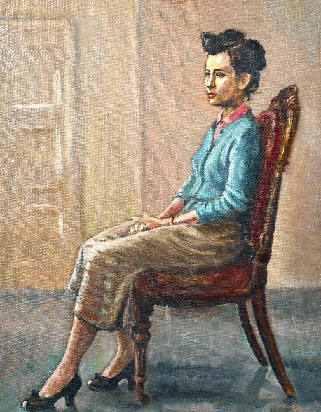 c.1960's ENGLISH OIL - PORTRAIT OF PERIOD LADY SEATED IN INTERIOR - SIGNED - Painting by Unknown