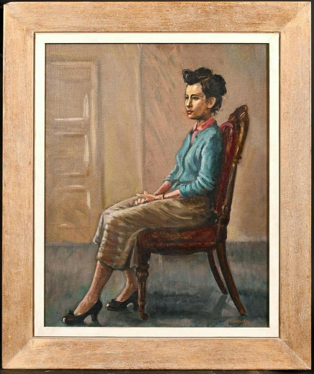 c.1960's ENGLISH OIL - PORTRAIT DER PERIOD LADY SEATED IN InterIOR - SIGNED