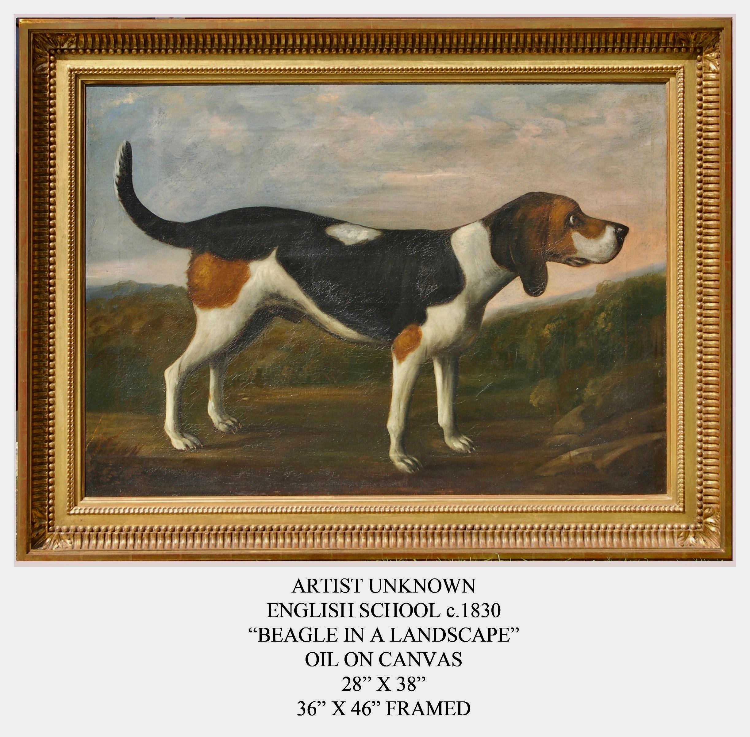 English 19thC folk art oil portrait of a Beagle hound in a landscape circa 1830 - Painting by Unknown
