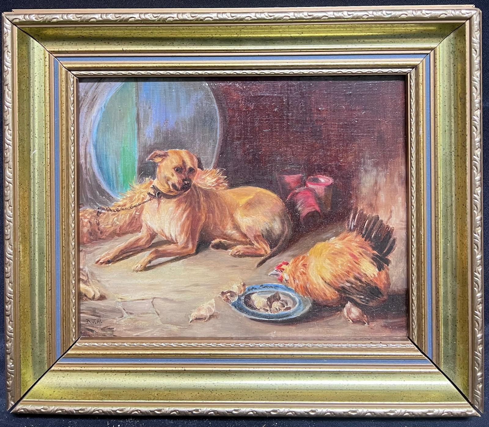 English artist Animal Painting - English Dog Painting Kennel Interior Dog & Chicken Bowl of Food