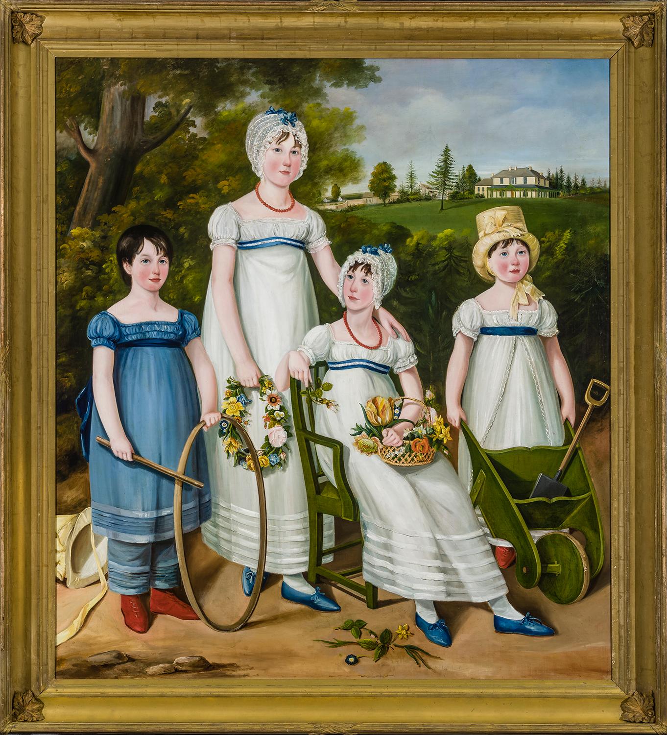 Portrait de famille avec quatre enfants dans un paysage champêtre - Painting de Unknown