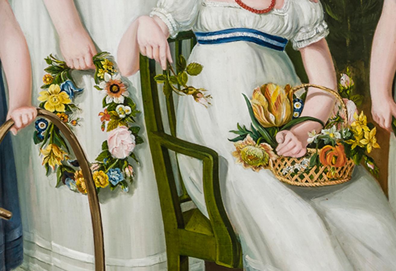 Portrait de famille avec quatre enfants dans un paysage champêtre - Marron Portrait Painting par Unknown