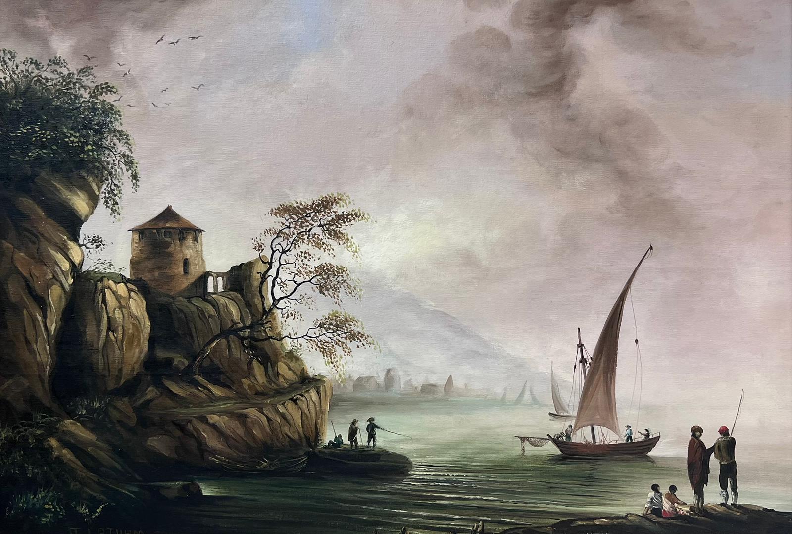 Grande peinture à l'huile - « Fishing at Dawn » - Grand port de commerce avec de nombreuses figurines - Painting de English artist
