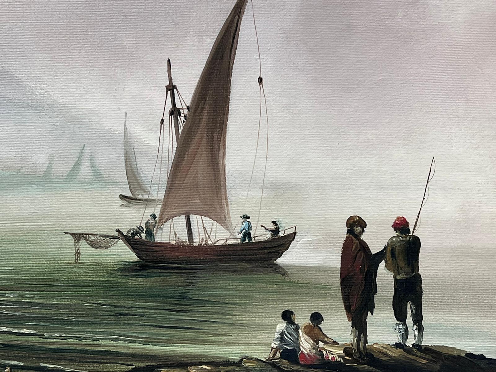 Grande peinture à l'huile - « Fishing at Dawn » - Grand port de commerce avec de nombreuses figurines - Maîtres anciens Painting par English artist
