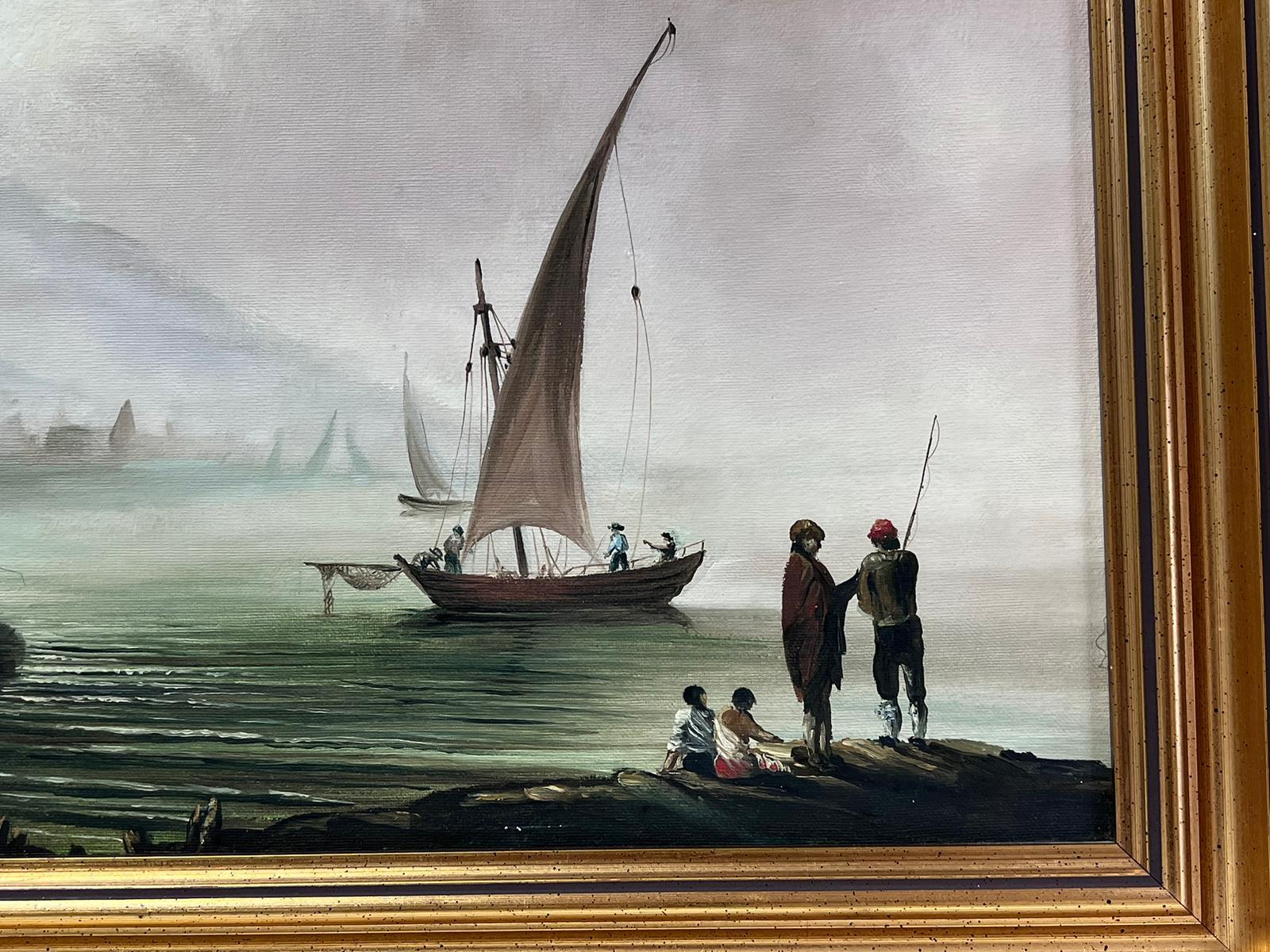 Grande peinture à l'huile - « Fishing at Dawn » - Grand port de commerce avec de nombreuses figurines en vente 1