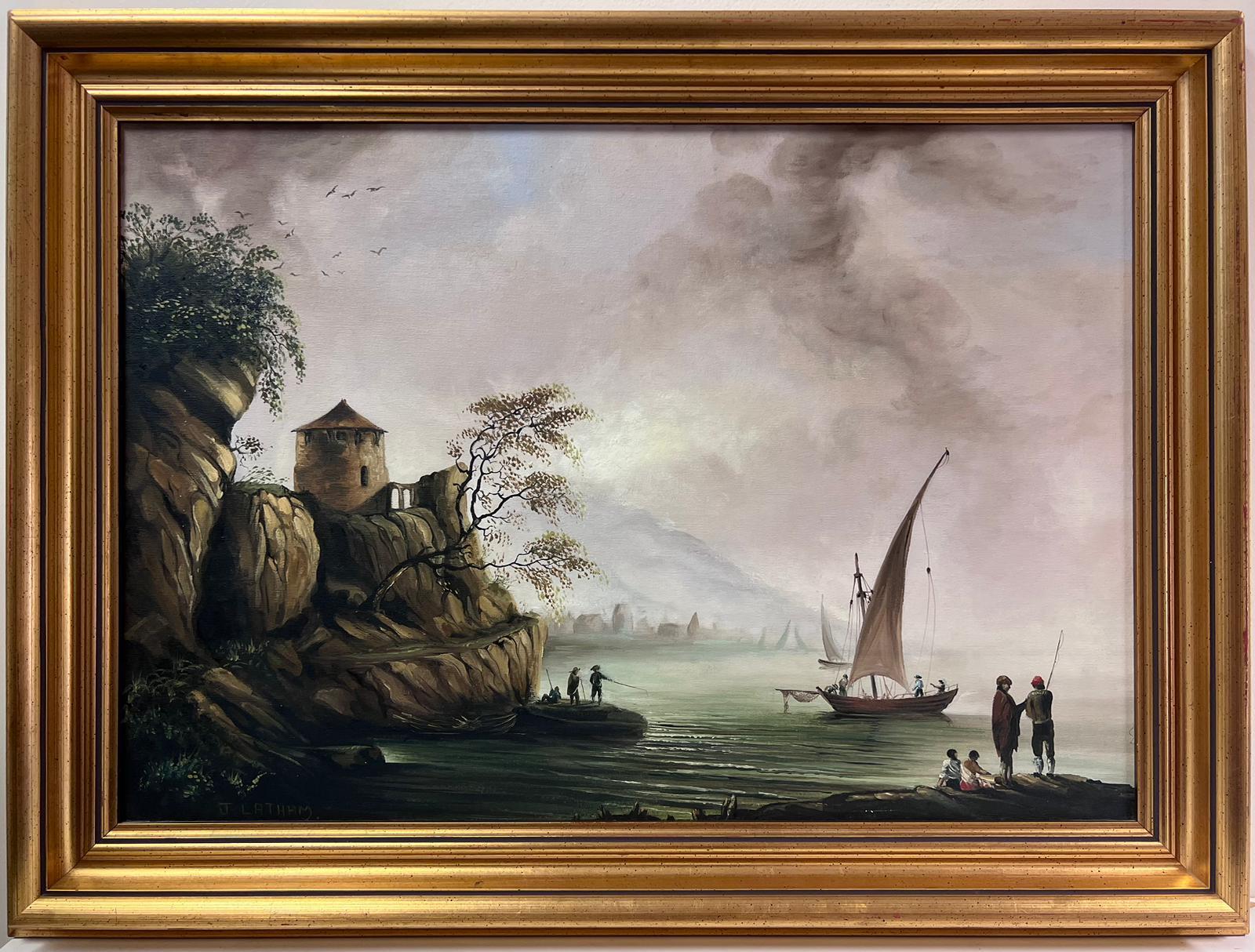 Figurative Painting English artist - Grande peinture à l'huile - « Fishing at Dawn » - Grand port de commerce avec de nombreuses figurines