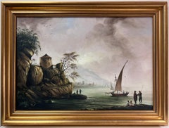 Grande peinture à l'huile - « Fishing at Dawn » - Grand port de commerce avec de nombreuses figurines
