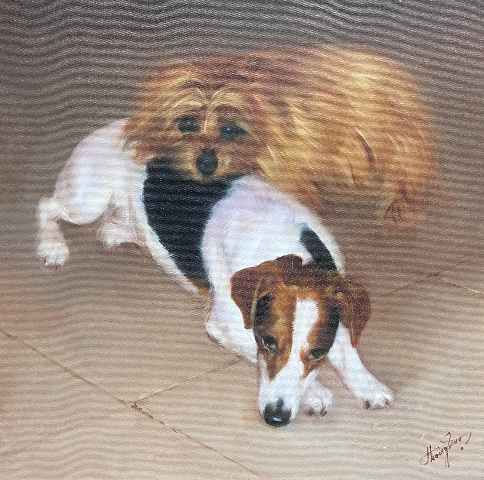 English artist Animal Painting - Original British Signed Oil Painting Jack Russell Terrier and Companion Dog