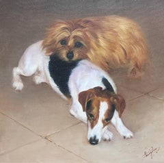 Peinture à l'huile originale britannique signée Jack Russell Terrier et chien de compagnie