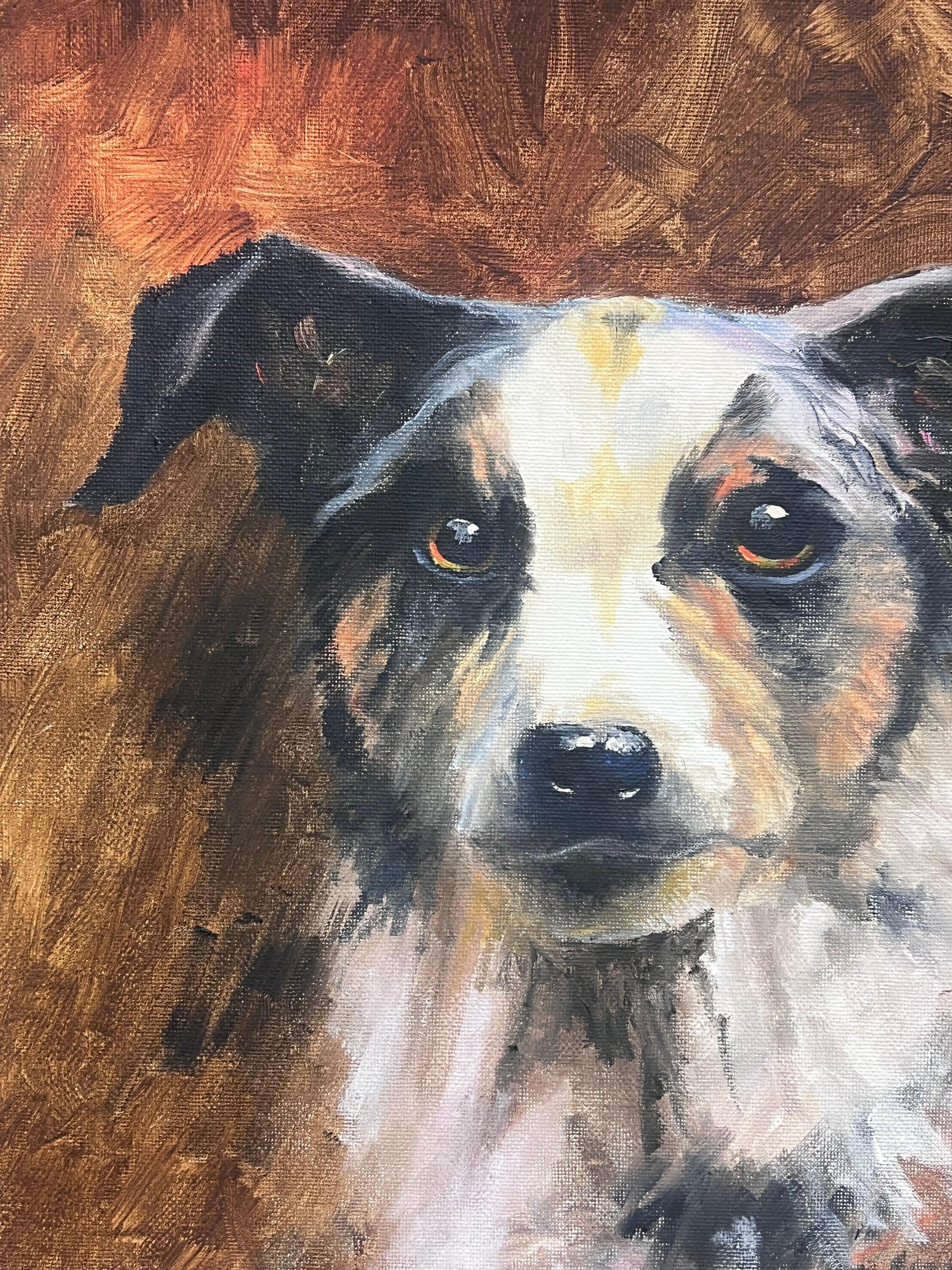 Retrato de un perro Collie Pintura al óleo inglesa vintage en marco dorado - Painting Escuela inglesa de English artist
