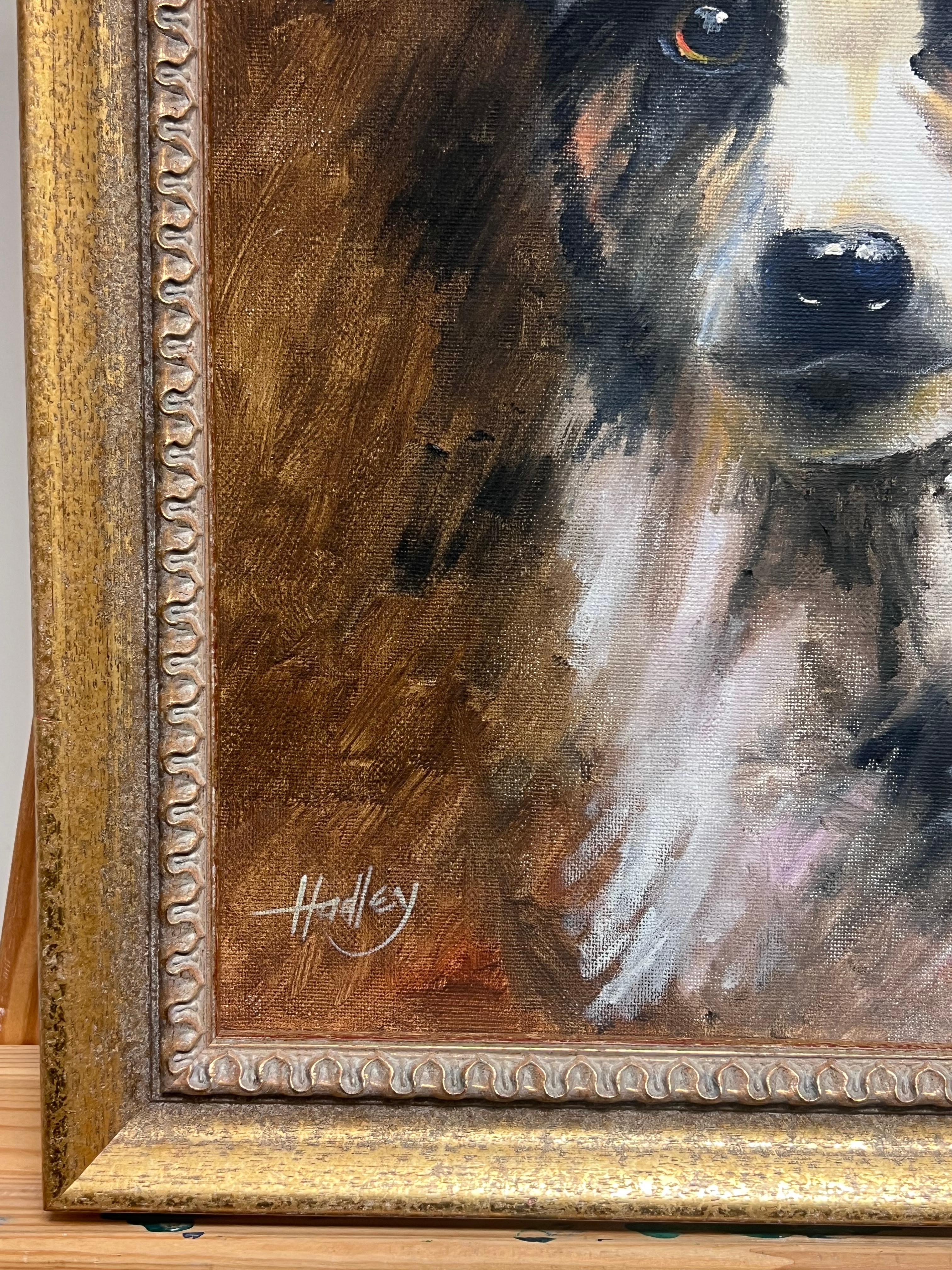 Retrato de un perro Collie Pintura al óleo inglesa vintage en marco dorado - Animal Painting Marrón de English artist