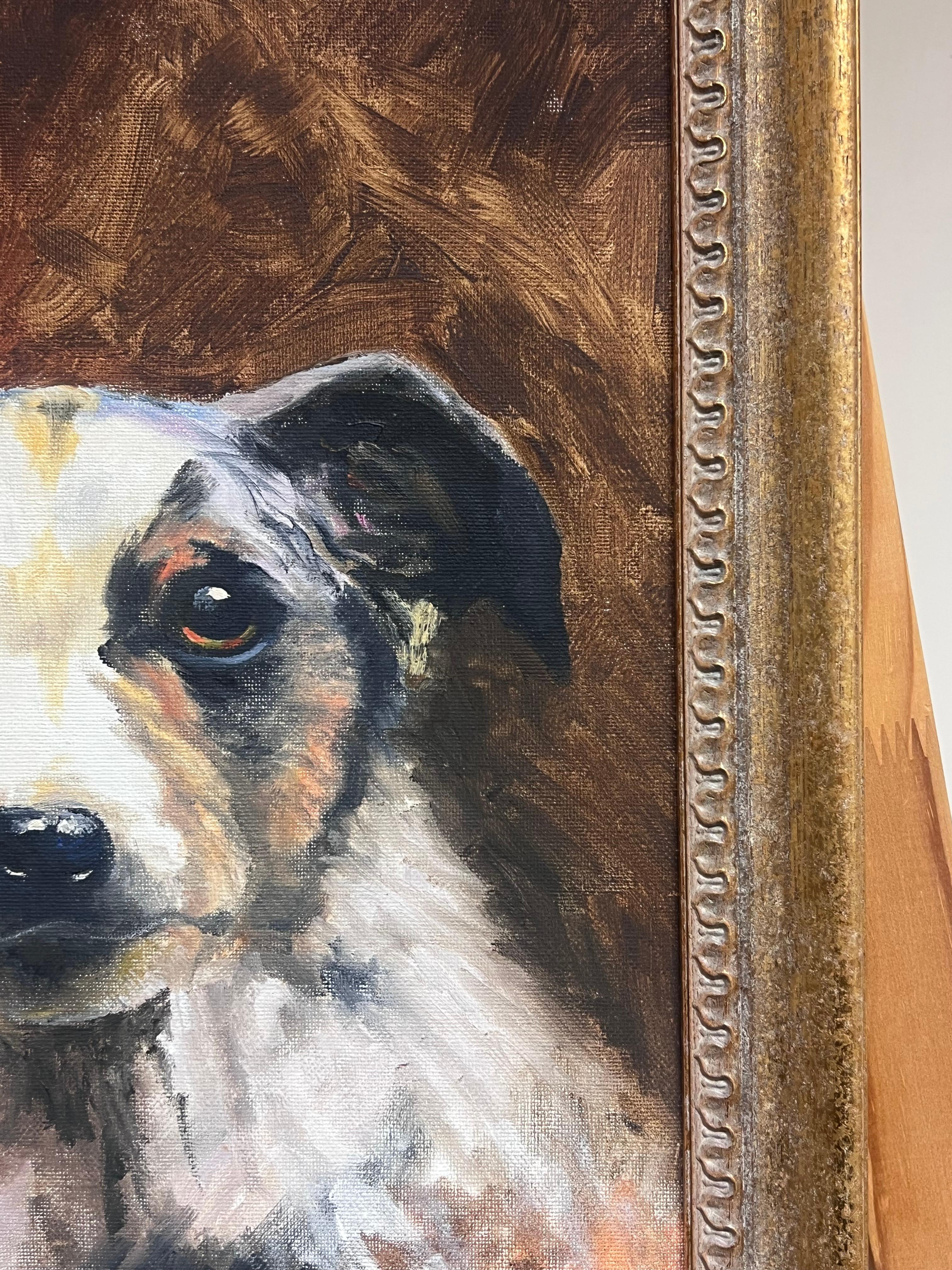 Retrato de un perro Collie Pintura al óleo inglesa vintage en marco dorado en venta 1