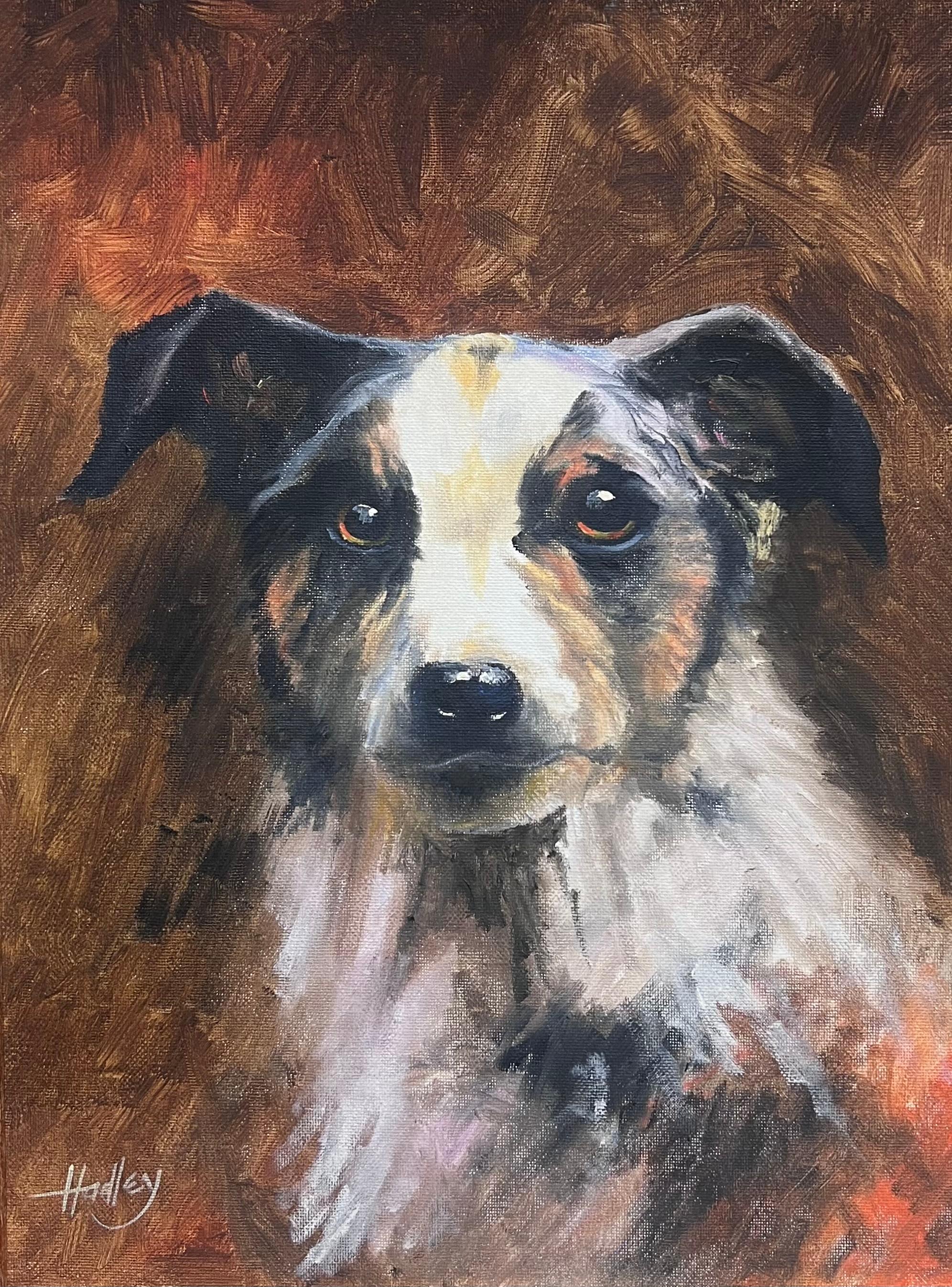 Retrato de un perro Collie Pintura al óleo inglesa vintage en marco dorado en venta 2