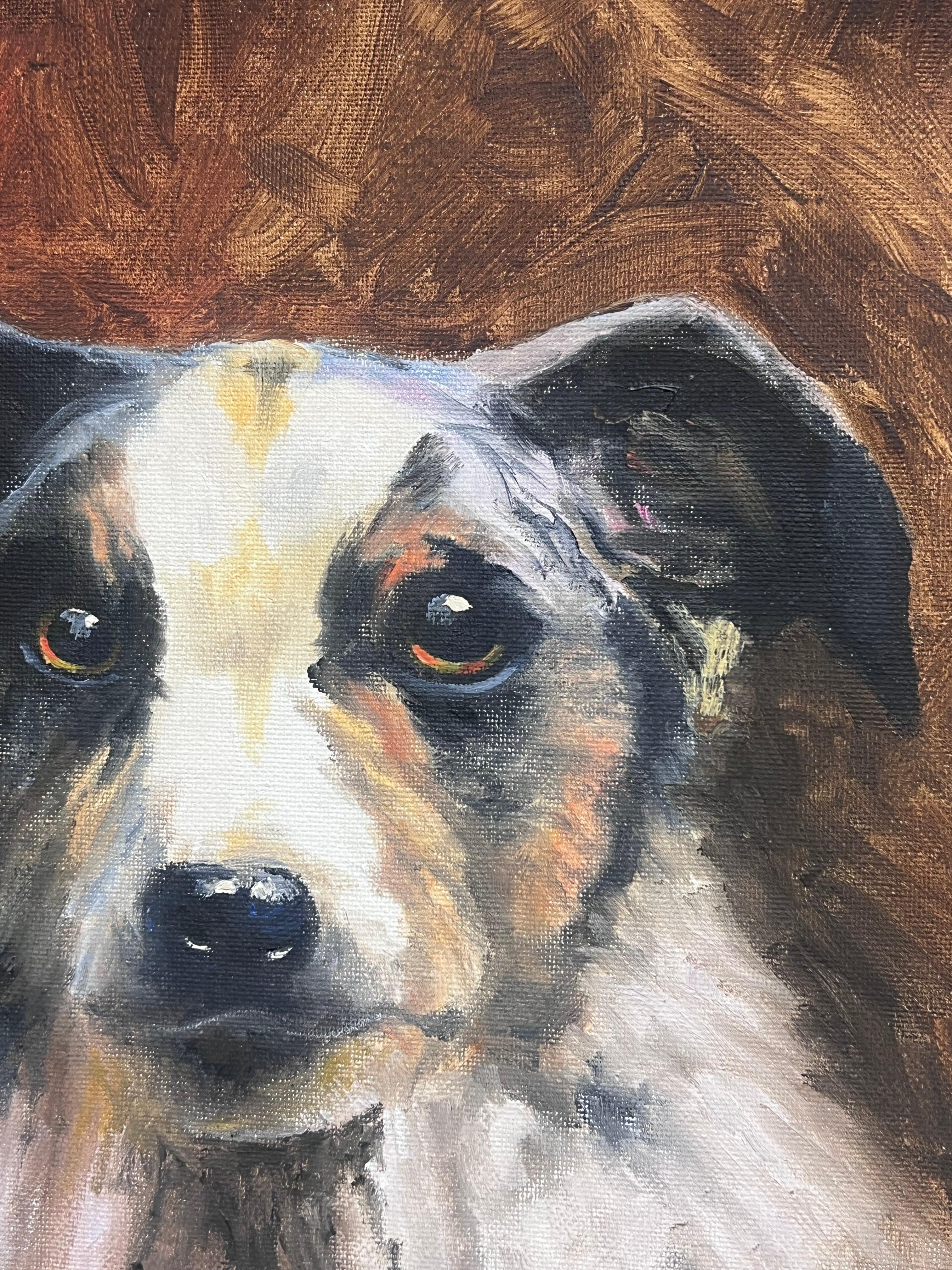 Retrato de un perro Collie Pintura al óleo inglesa vintage en marco dorado en venta 3