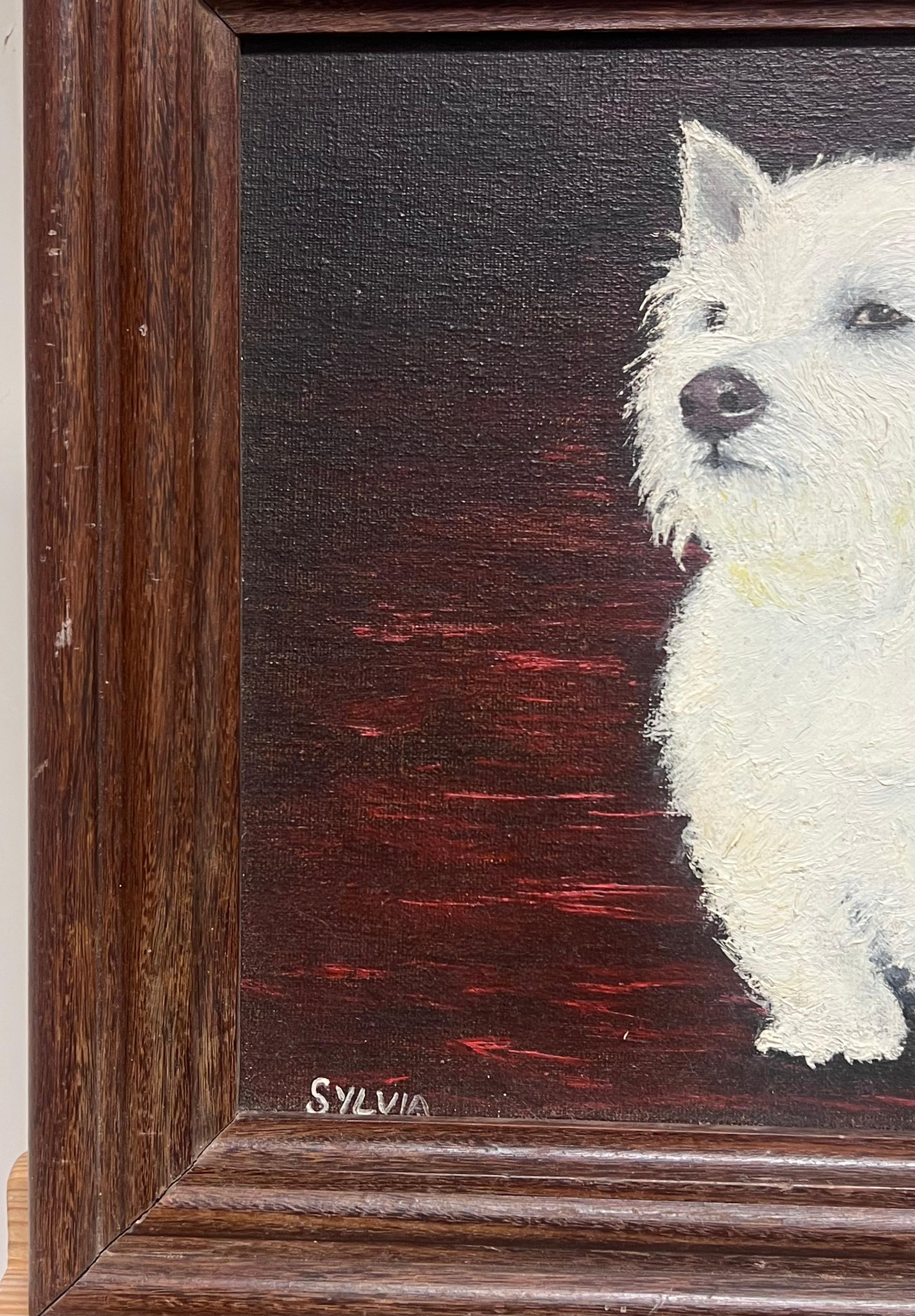 Retrato de West Highland Terrier Perro blanco Vintage Inglés Pintura al óleo - Animal Painting Negro de English artist