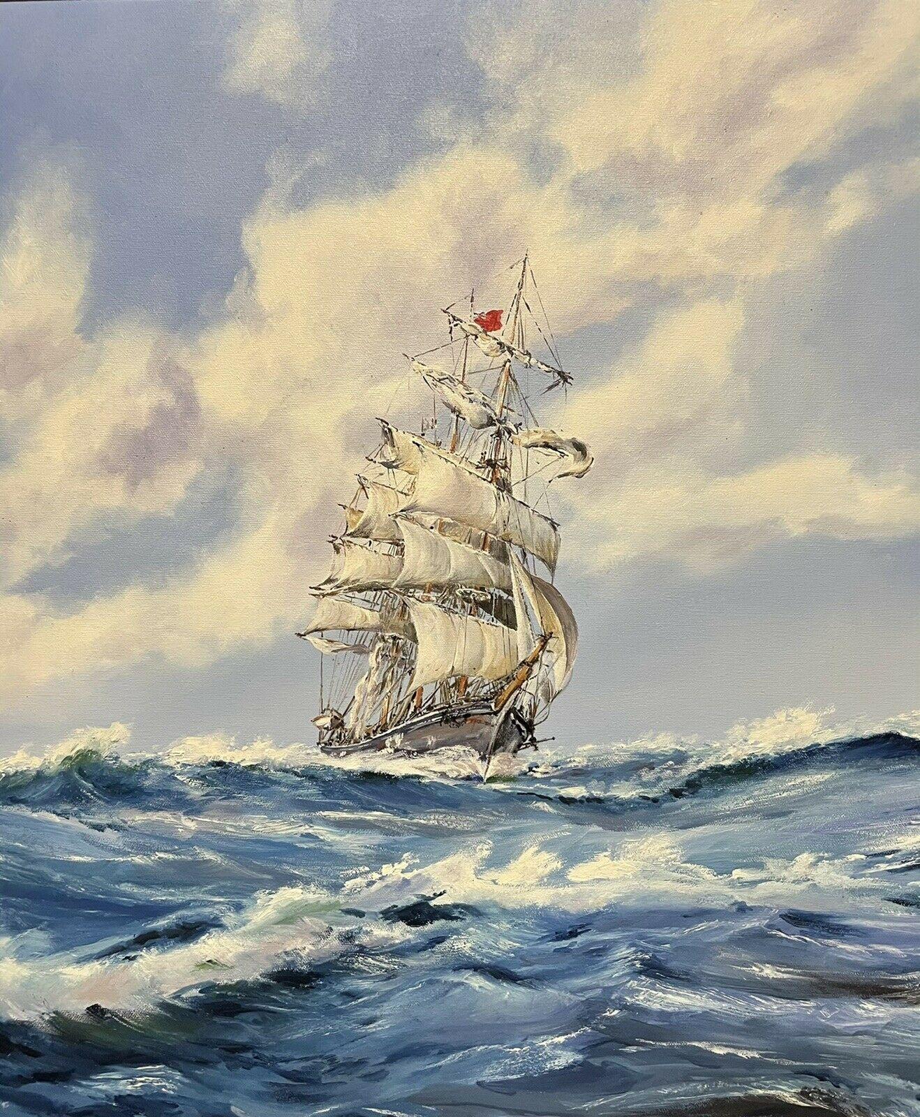 Setting the Royals - Very Large Marine Oil Painting - Tall Sailing Ship at Sea - Gray Landscape Painting by Unknown