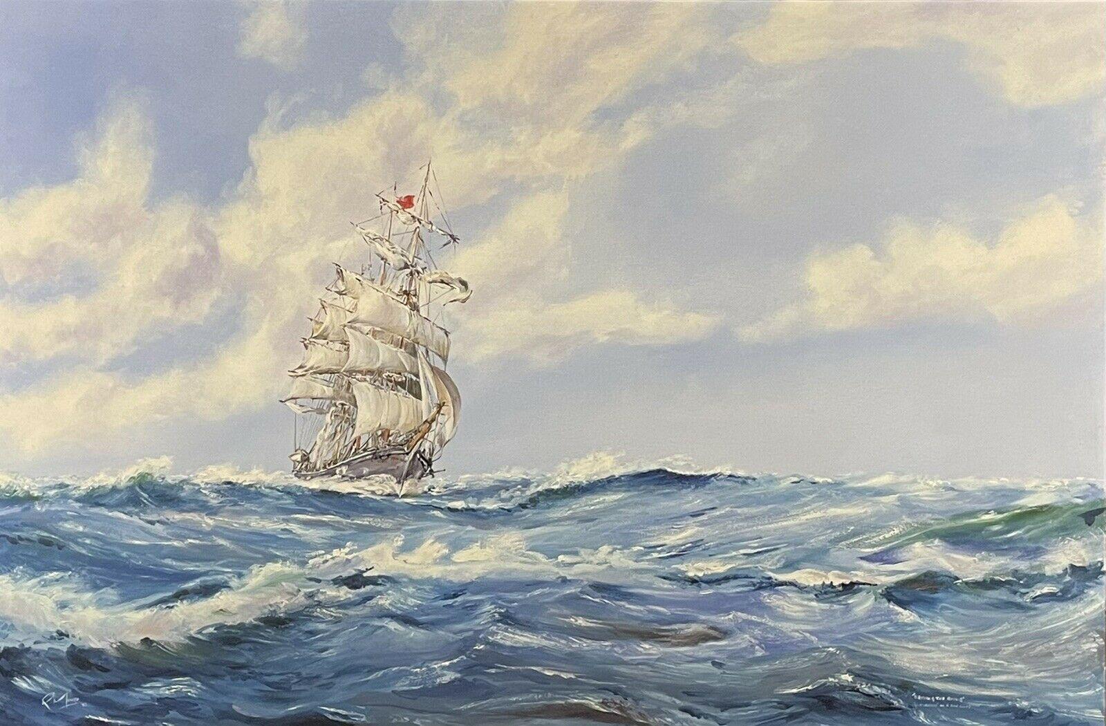 Unknown Landscape Painting - Setting the Royals - Very Large Marine Oil Painting - Tall Sailing Ship at Sea