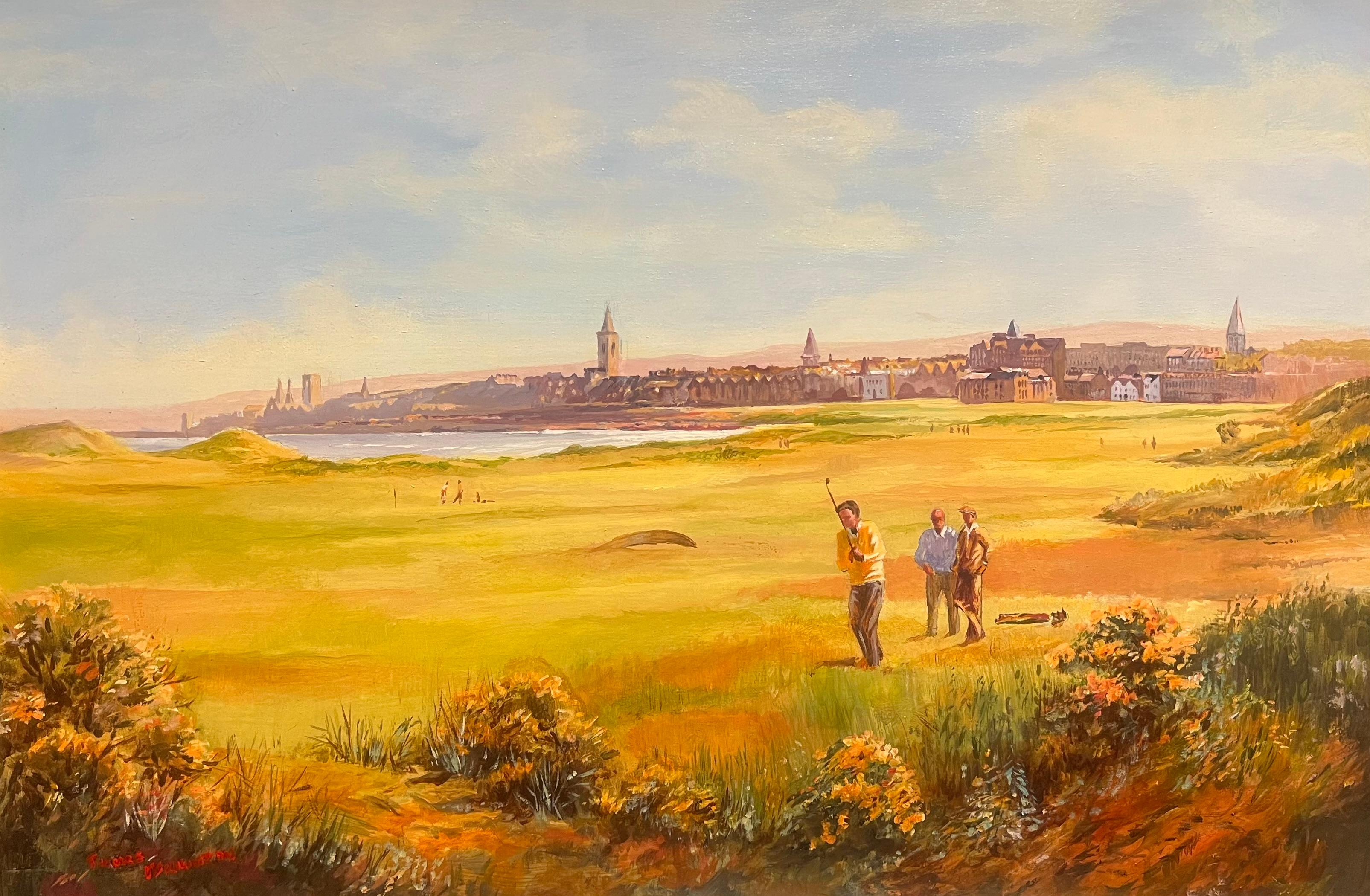 Course de golf de St. Andrews, Écosse, grande peinture originale représentant des golfeurs jouant au golf - Painting de English artist