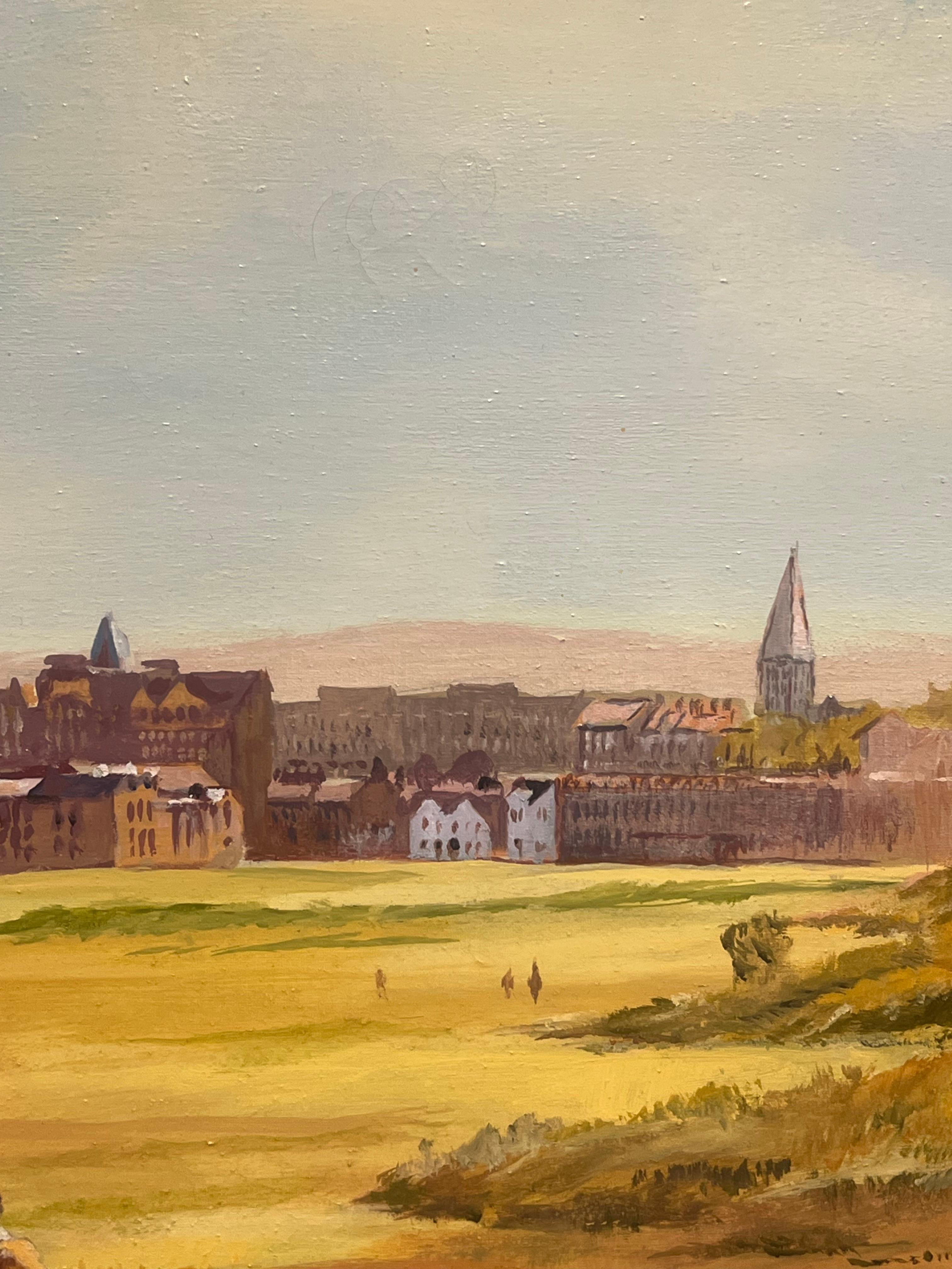 Course de golf de St. Andrews, Écosse, grande peinture originale représentant des golfeurs jouant au golf - Marron Landscape Painting par English artist