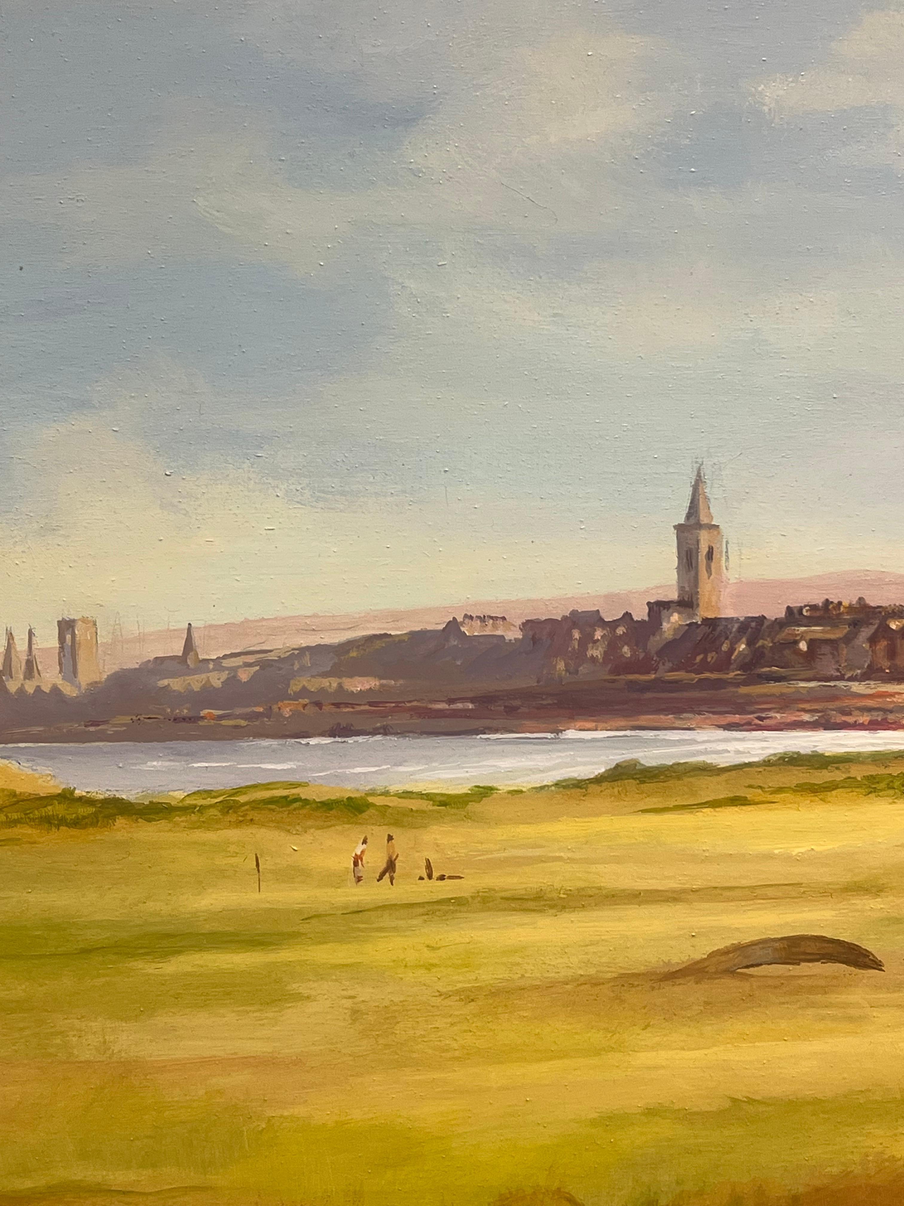 Course de golf de St. Andrews, Écosse, grande peinture originale représentant des golfeurs jouant au golf 3