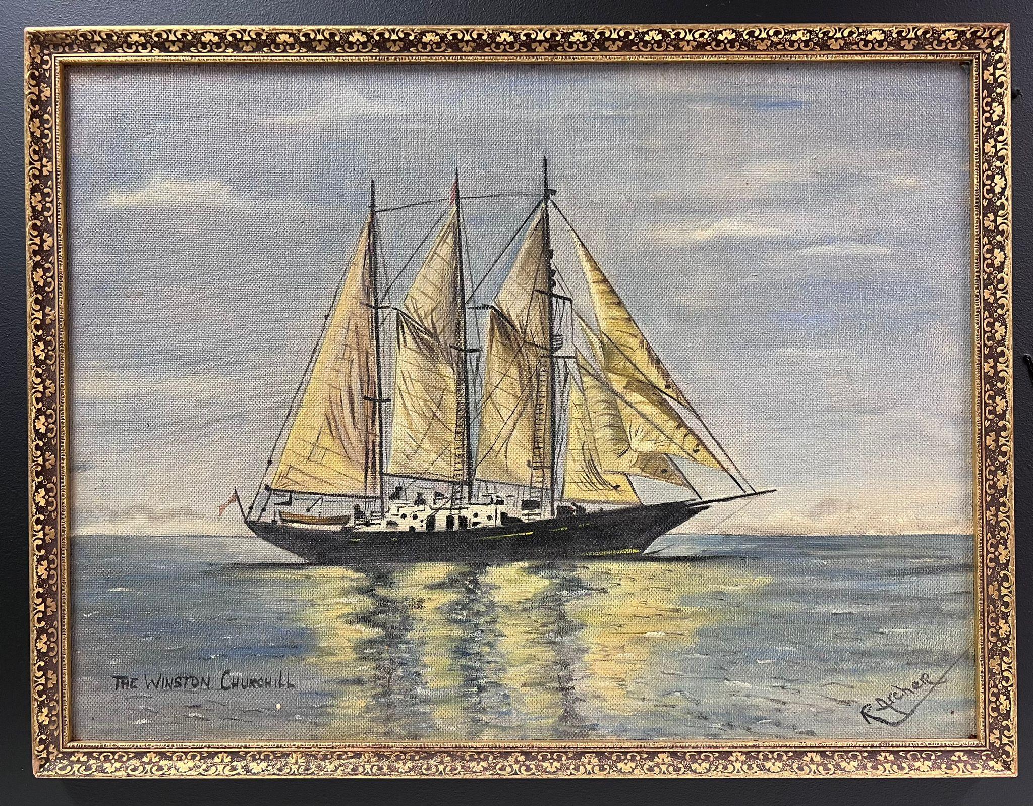 Lo yacht a vela di Winston Churchill firmato Pittura a olio inglese d'epoca - Painting di English artist