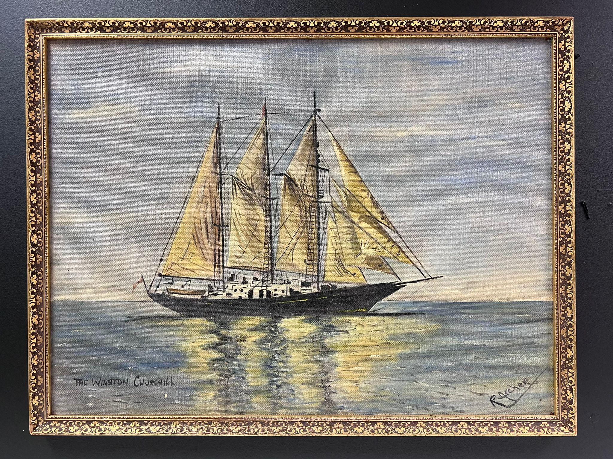 Lo yacht a vela di Winston Churchill firmato Pittura a olio inglese d'epoca - Painting Moderno di English artist