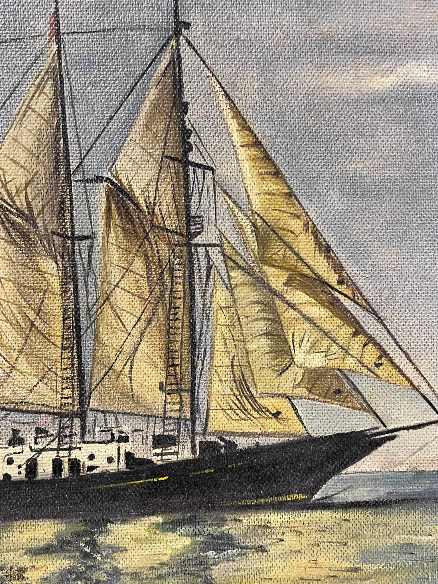 Lo yacht a vela di Winston Churchill firmato Pittura a olio inglese d'epoca 2
