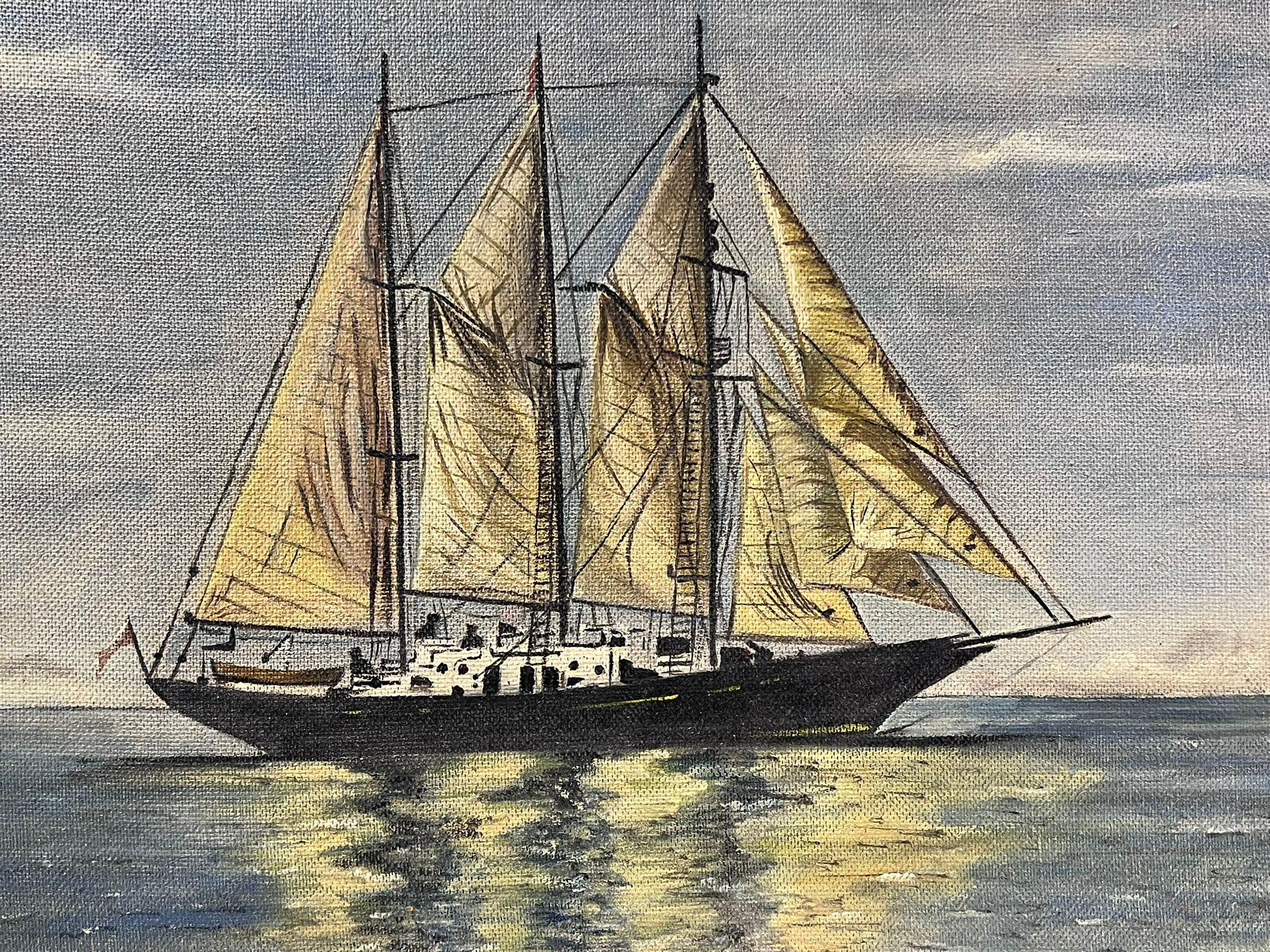 Lo yacht a vela di Winston Churchill firmato Pittura a olio inglese d'epoca 4