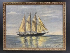 Lo yacht a vela di Winston Churchill firmato Pittura a olio inglese d'epoca
