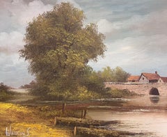 Tranquil Rural English River Landscape signed oil painting on canvas