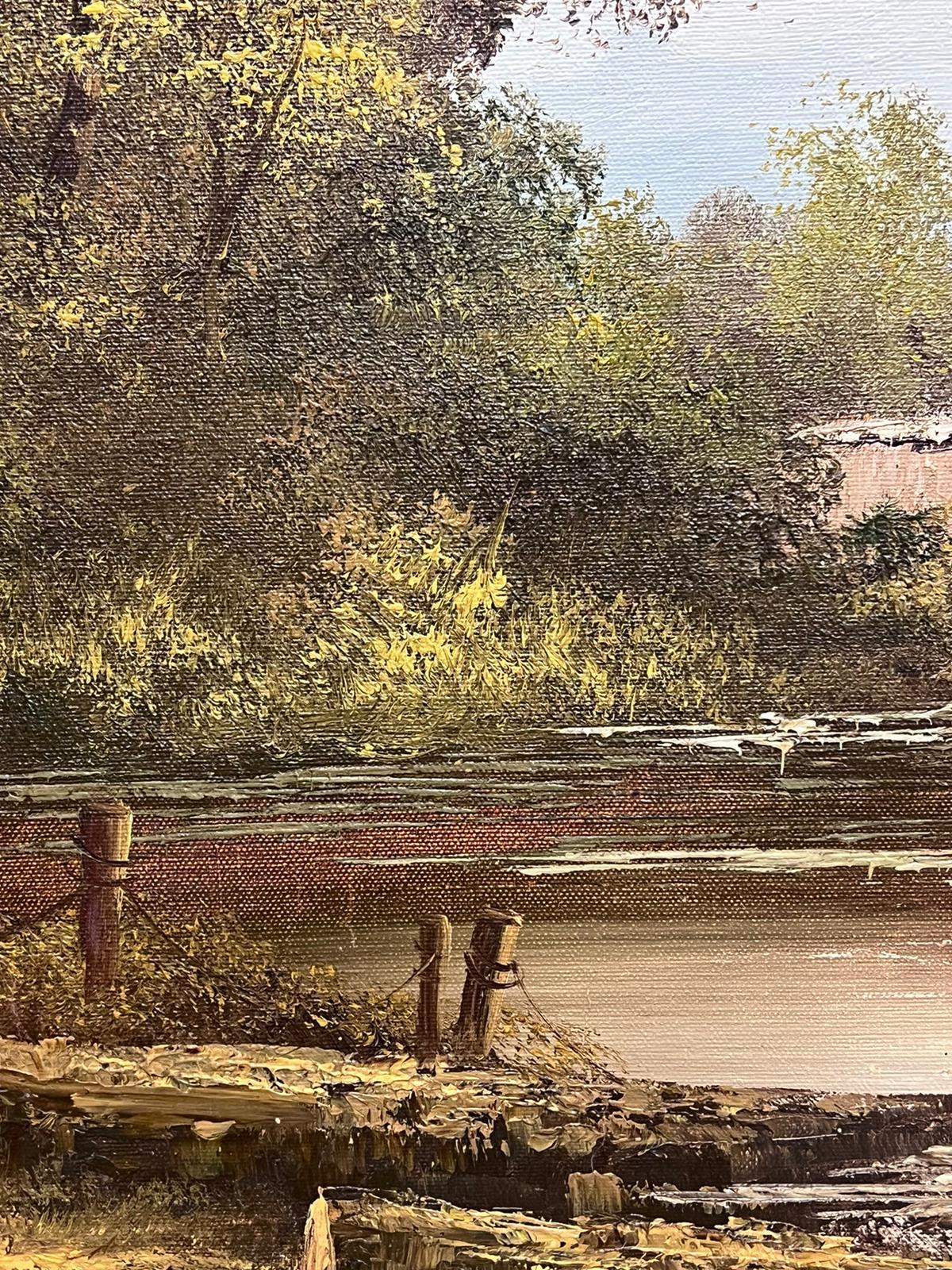 Tranquil Rural English River Landscape signed oil painting on canvas - Brown Landscape Painting by English artist