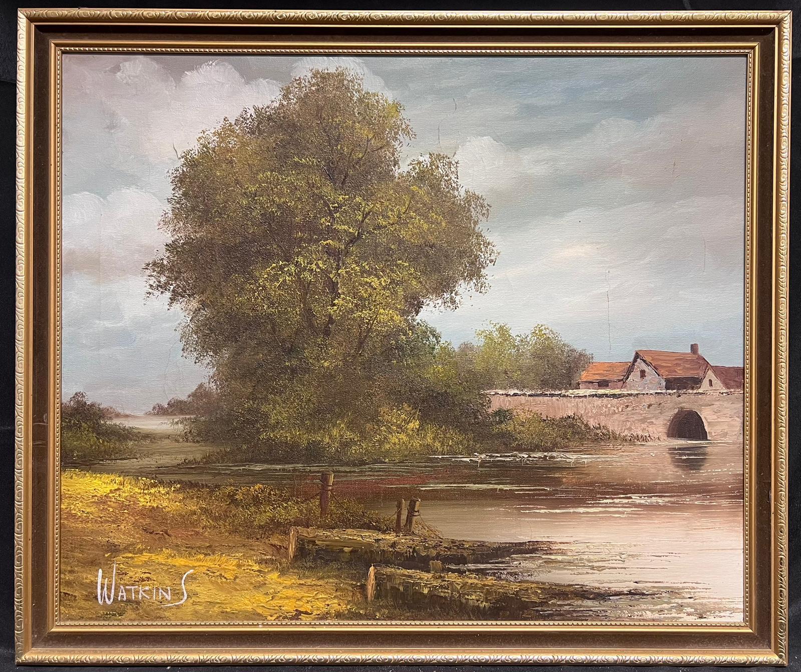 Peinture à l'huile sur toile Tranquil Rural English River Landscape signée