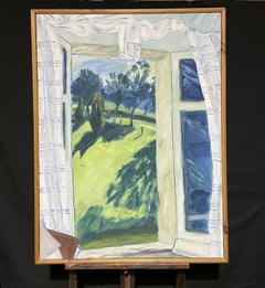 VERY LARGE MODERN BRITISH OIL PAINTING - WINDSWEPT PARKLAND VIEW FROM WINDOW