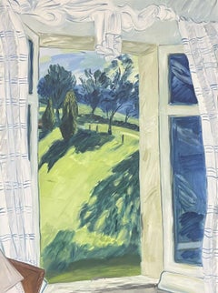 VERY LARGE MODERN BRITISH OIL PAINTING - WINDSWEPT PARKLAND VIEW FROM WINDOW