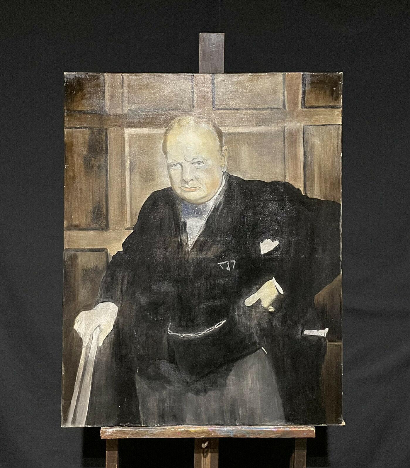 VERY LARGE VINTAGE PORTRAIT OF SIR WINSTON CHURCHILL - PERIOD OIL ON CANVAS - Painting by Unknown