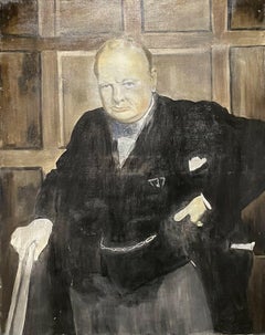 VERY LARGE VINTAGE PORTRAIT OF SIR WINSTON CHURCHILL - PERIOD OIL ON CANVAS