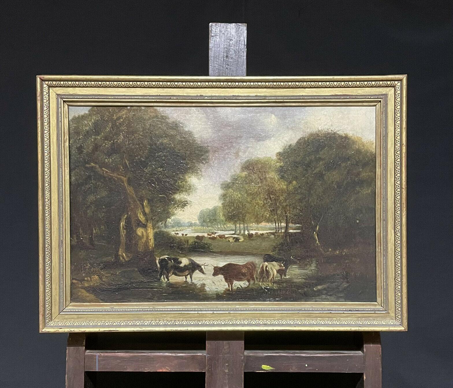 VICTORIAN 19TH CENTURY ENGLISH OIL PAINTING - CATTLE DRINKING FROM WOODLAND POOL - Painting by Unknown