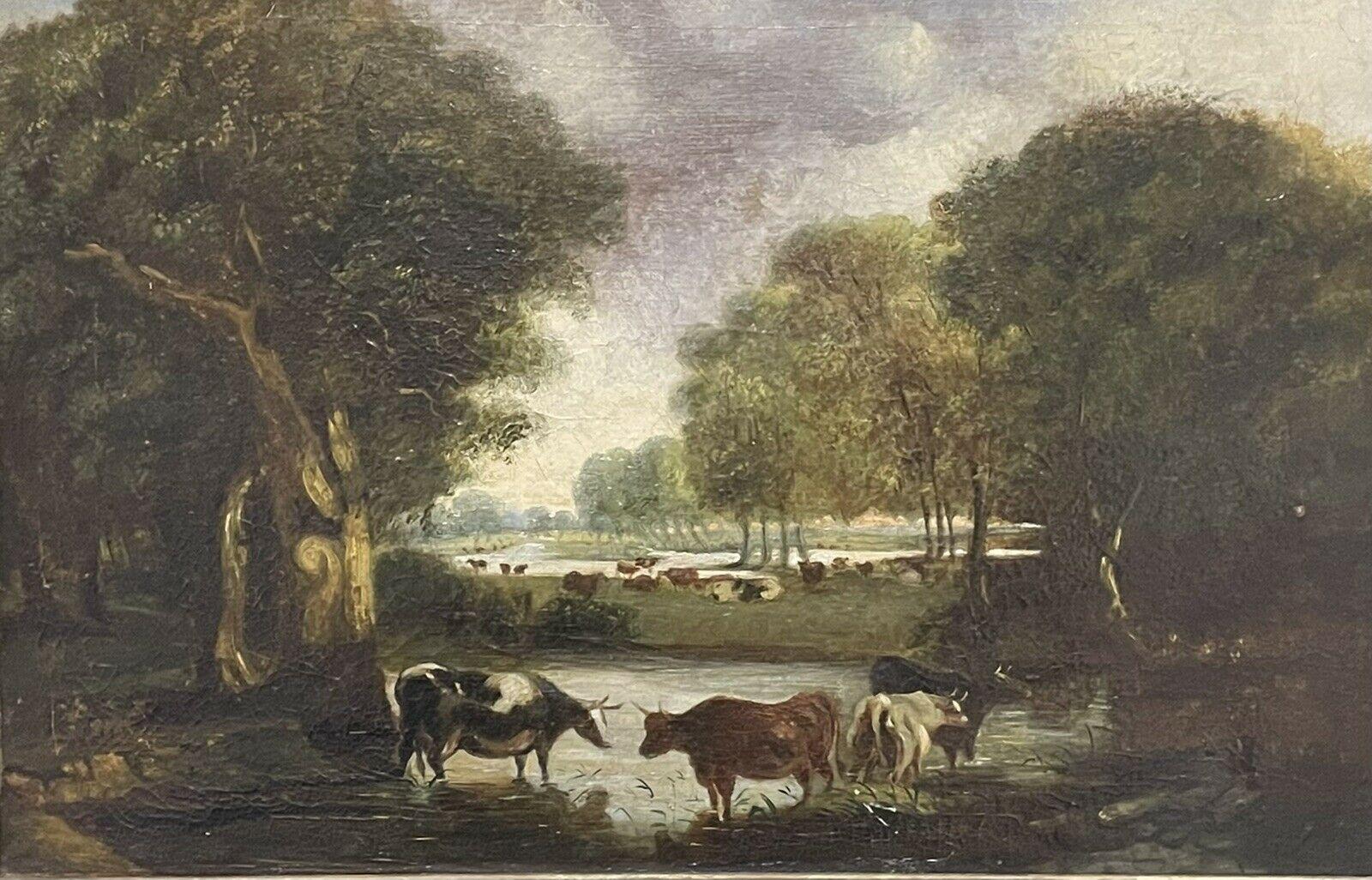 Peinture à l'huile anglaise victorienne du XIXe siècle - CATTLE DRINKING FROM WOODLAND POOL