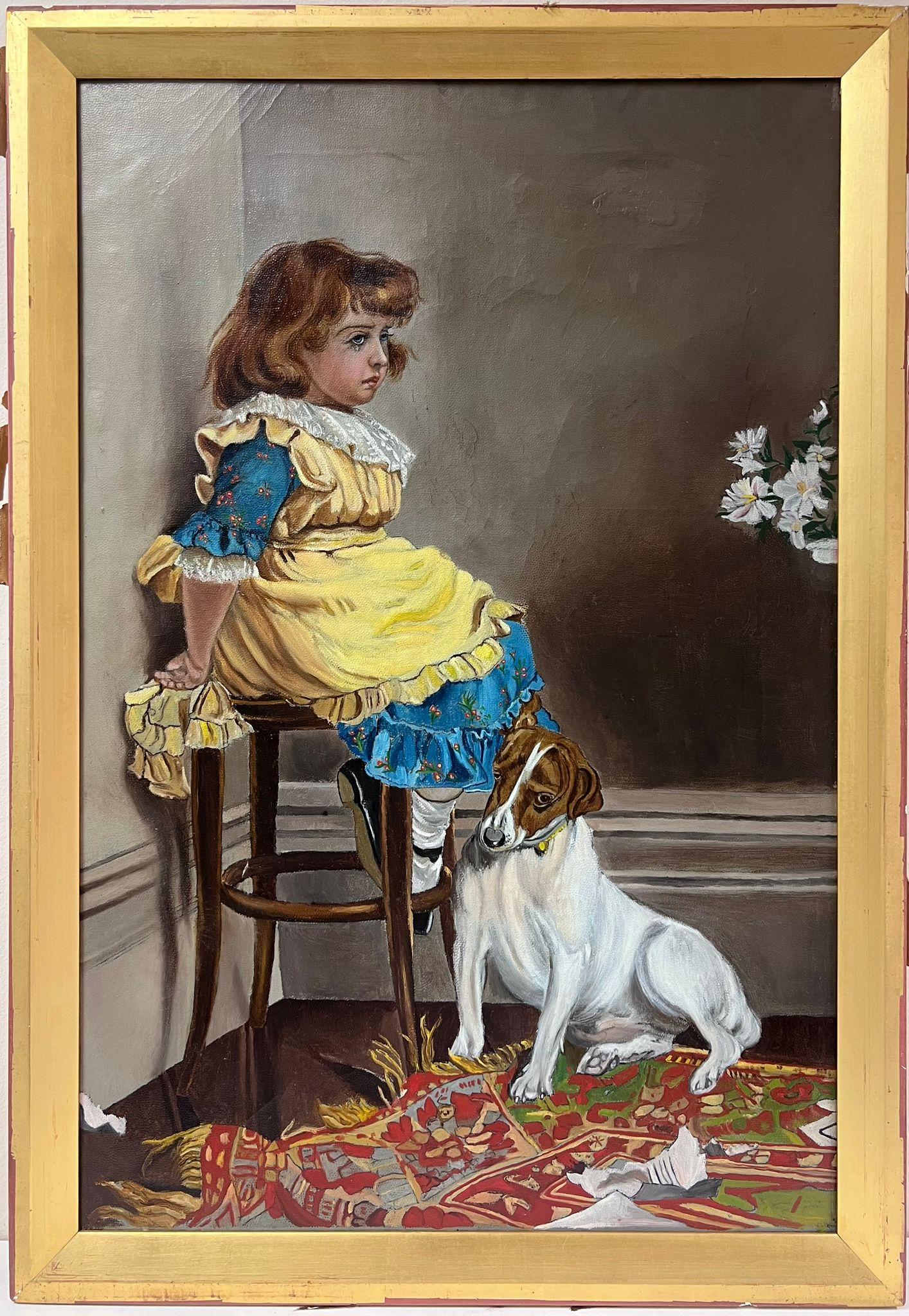 Pintura al óleo inglesa victoriana Chica joven con perro Jack Russell Terrier de mascota - Painting de English artist