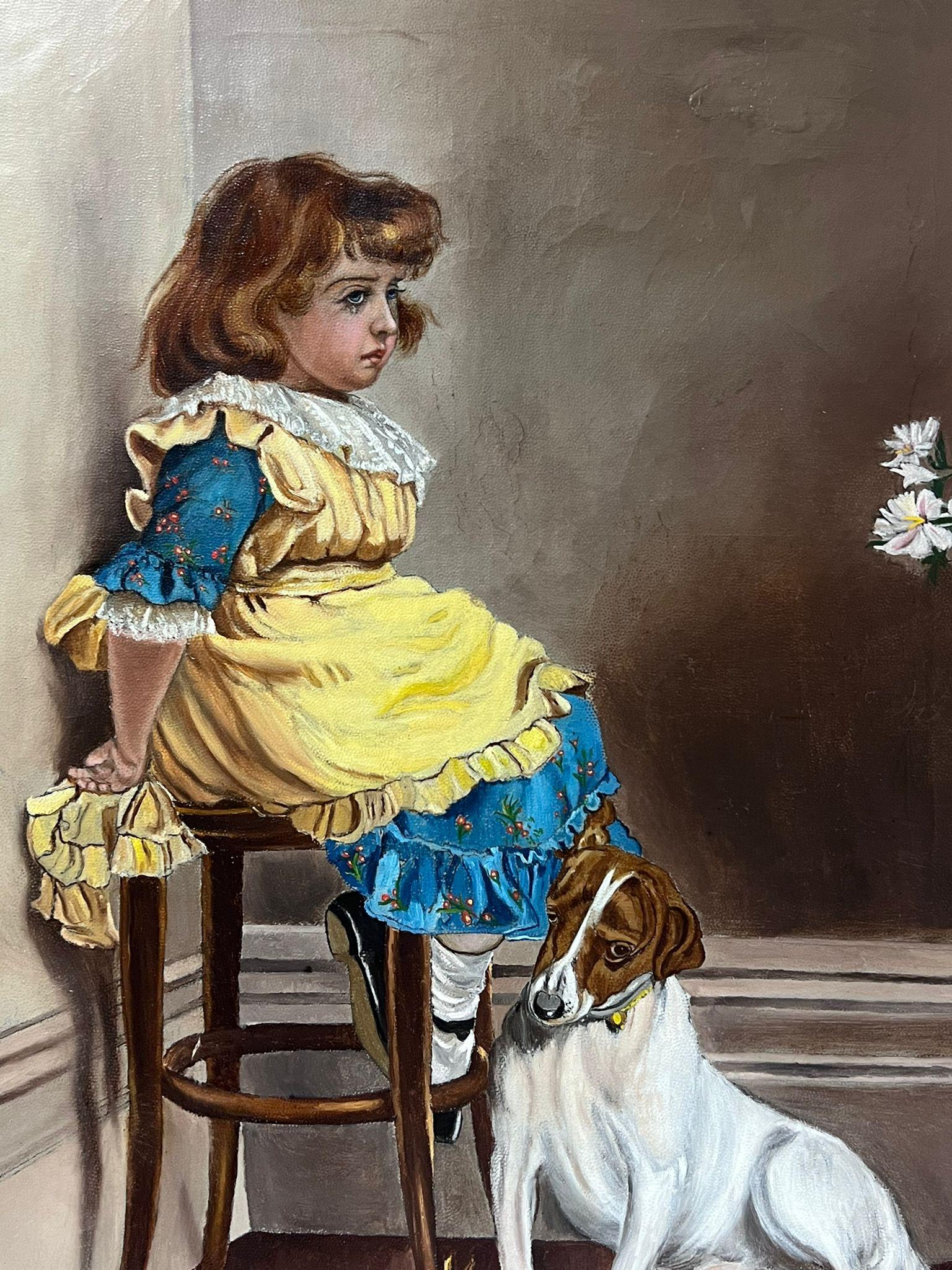 Victorian English Oil Painting Young Girl with Pet Jack Russell Terrier Dog 4