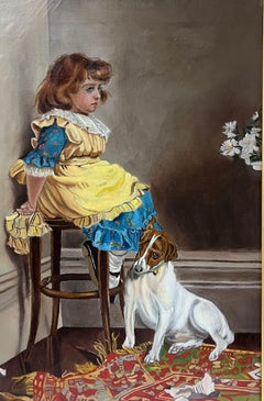 Victorian English Oil Painting Young Girl with Pet Jack Russell Terrier Dog