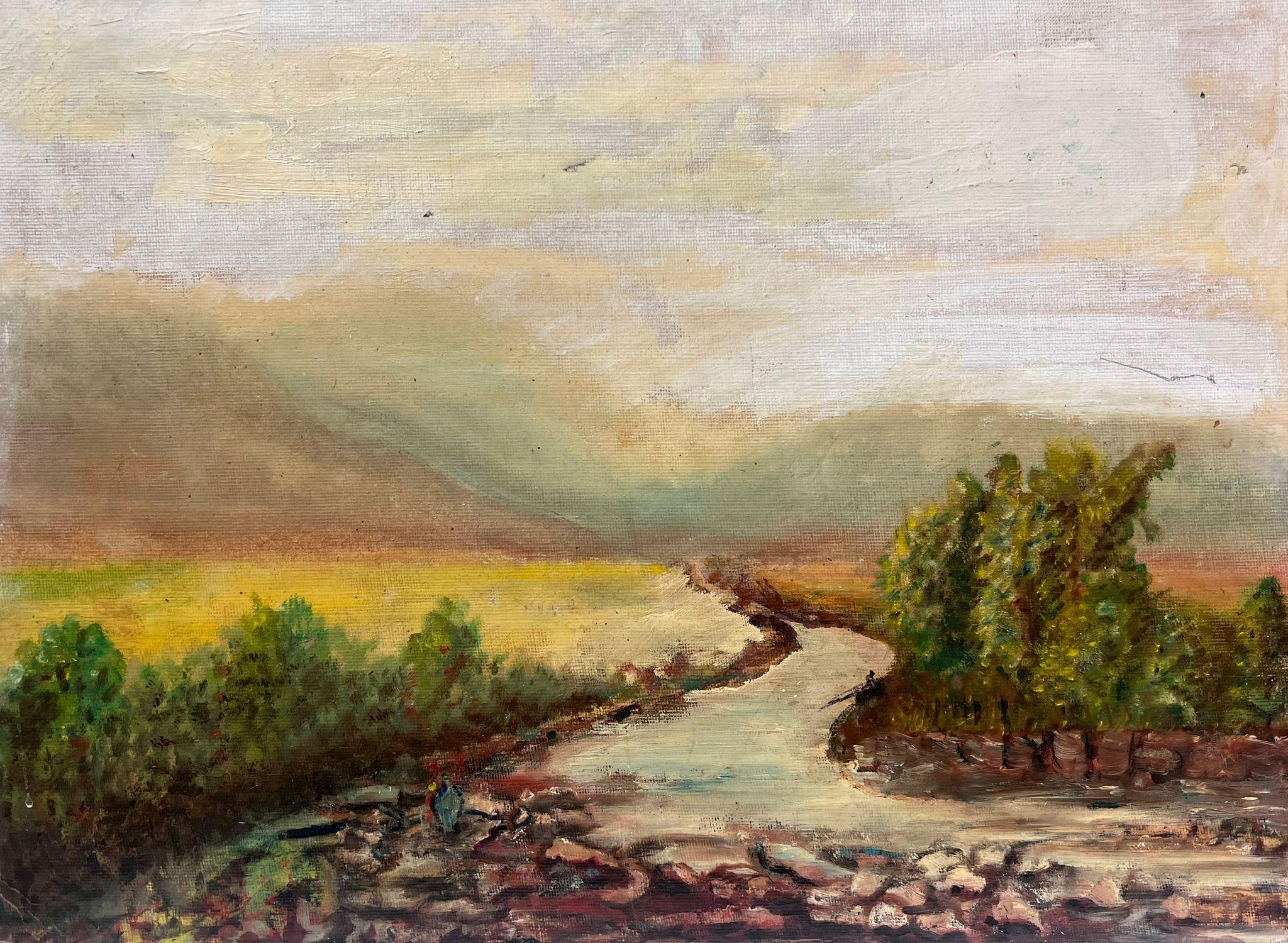 Pintura al óleo antigua inglesa vintage Río serpenteante en paisaje campestre - Painting de English artist
