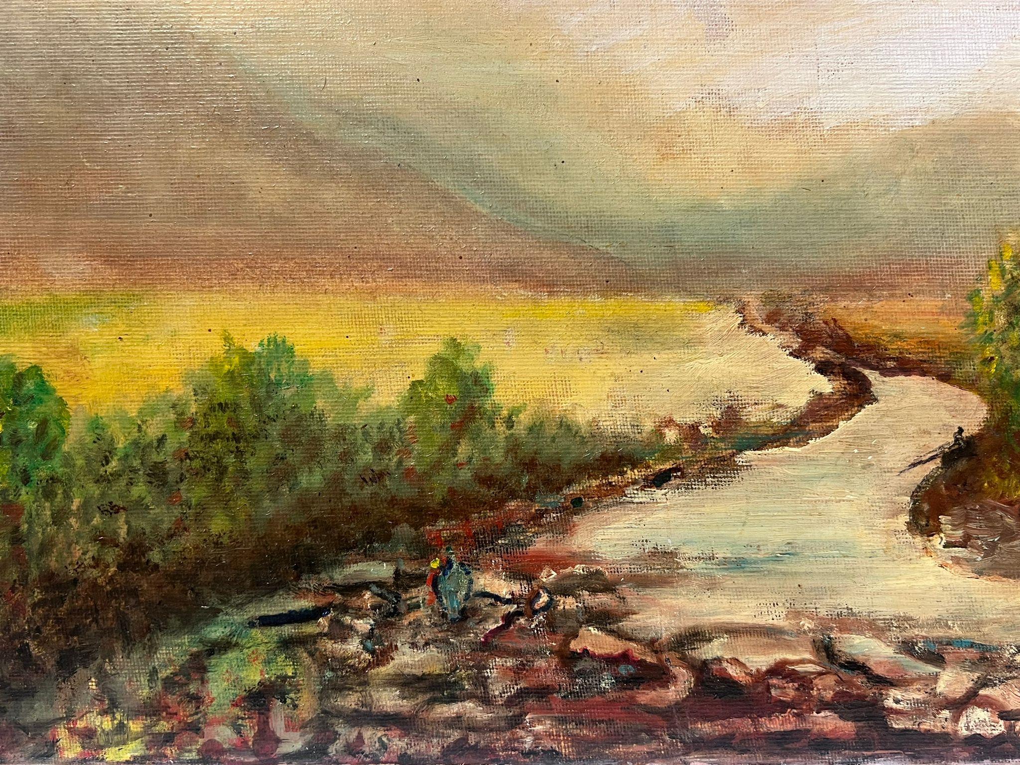 Pintura al óleo antigua inglesa vintage Río serpenteante en paisaje campestre - Painting Impresionista de English artist