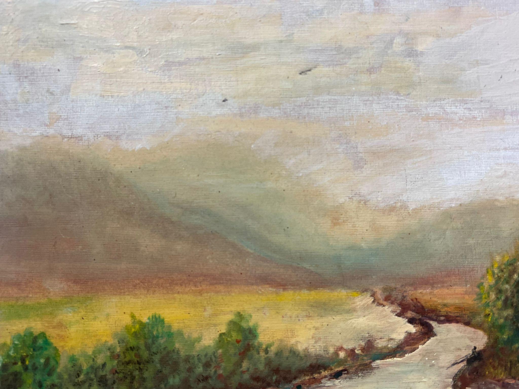 Pintura al óleo antigua inglesa vintage Río serpenteante en paisaje campestre - Landscape Painting Beige de English artist
