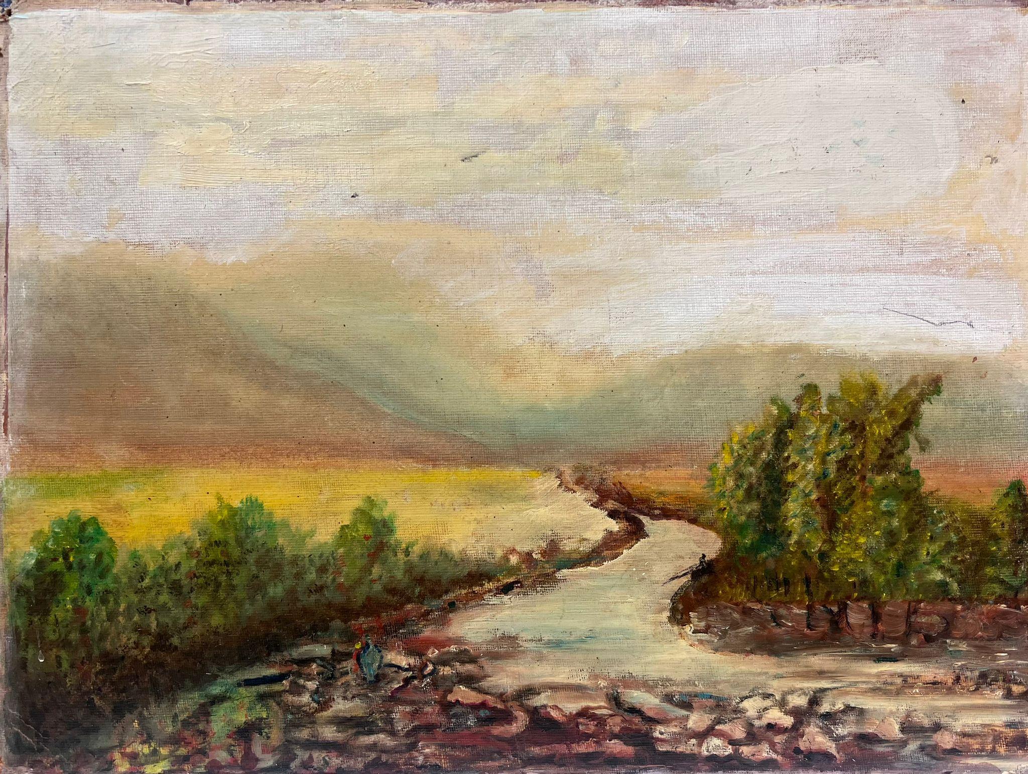 Landscape Painting de English artist - Pintura al óleo antigua inglesa vintage Río serpenteante en paisaje campestre